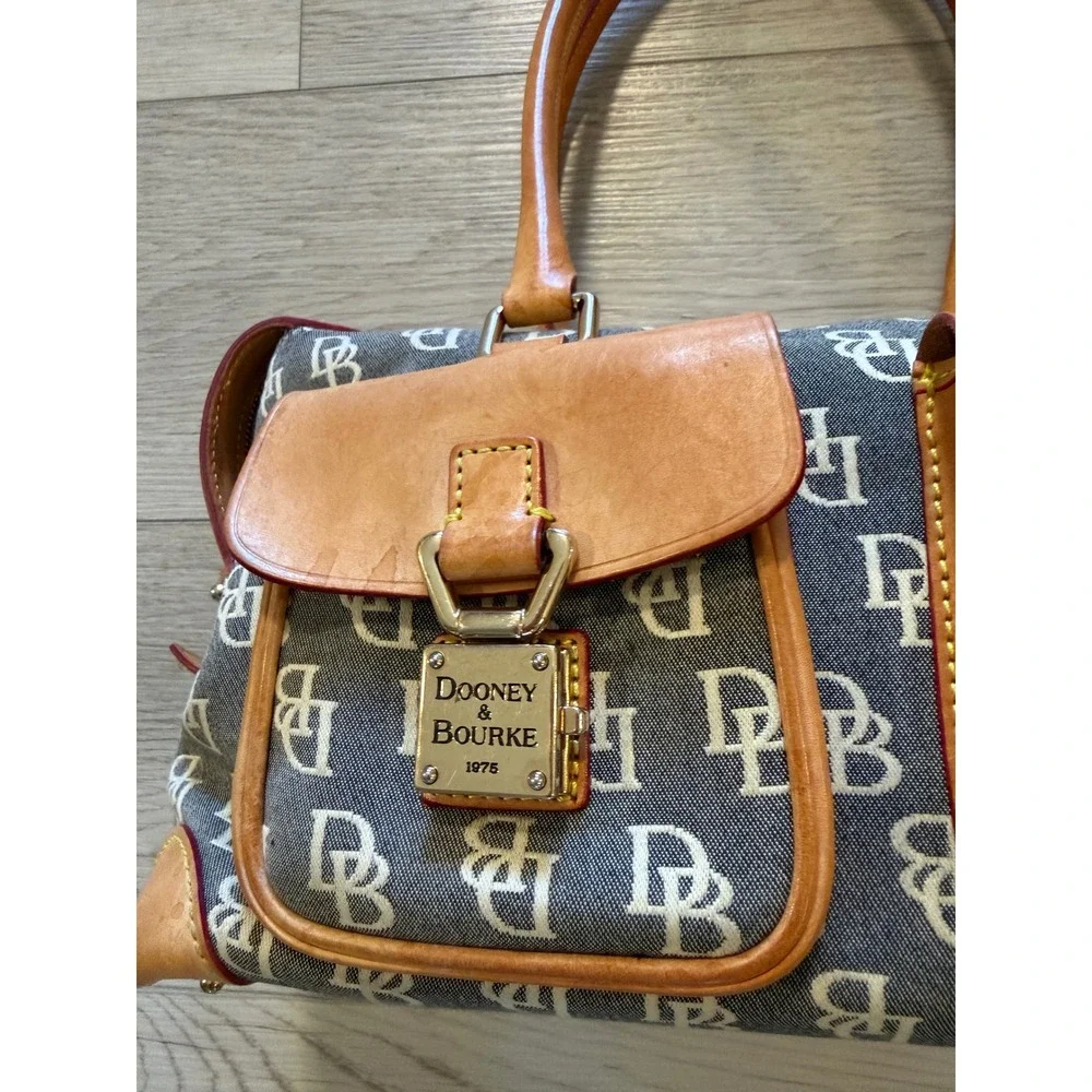 Dooney & Bourke Monogram Leather Satchel Handbag GrayTan Latch Pockets Vintage